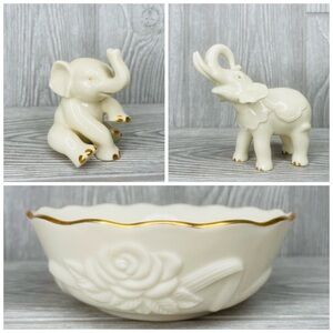 Rare Vintage Lenox Porcelain Elephant Figurines white gold figurine & bowl dish